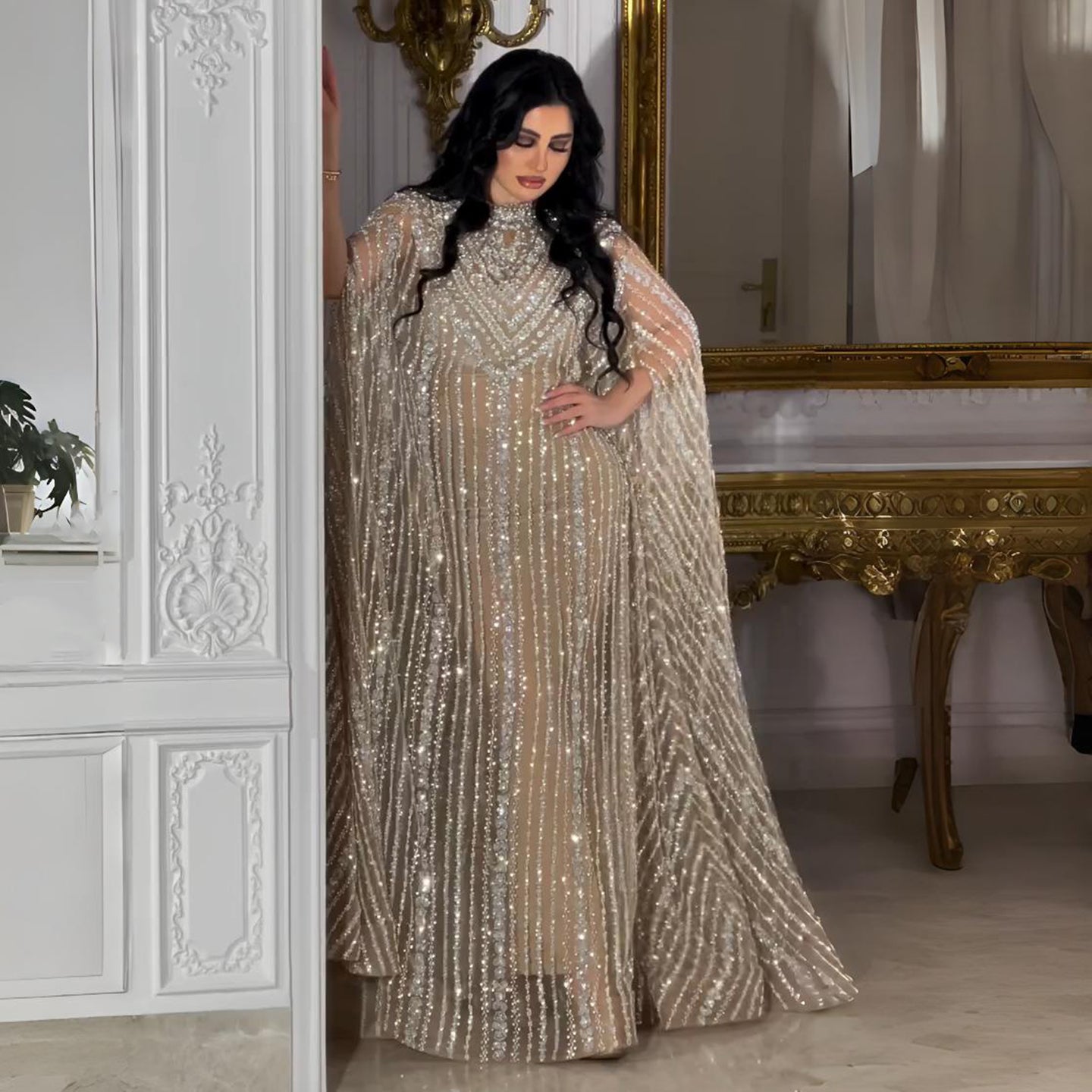 Luxury Pearls Champagne Evening Dress with Cape SS691