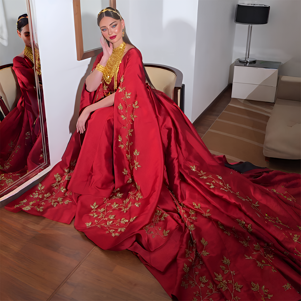 Elegant Floral Embroidery Red Evening Dress with Cape Sleeve SS568