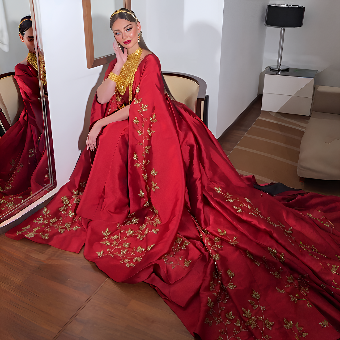 Elegant Floral Embroidery Red Evening Dress with Cape Sleeve SS568