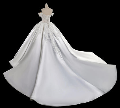 Luxury White Off-the-Shoulder Lace Satin Ball Gown Wedding Dress SW701