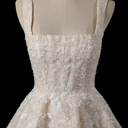 Romantic Champagne Sleeveless A-Line Short Wedding Dress with Deep V Back SW725