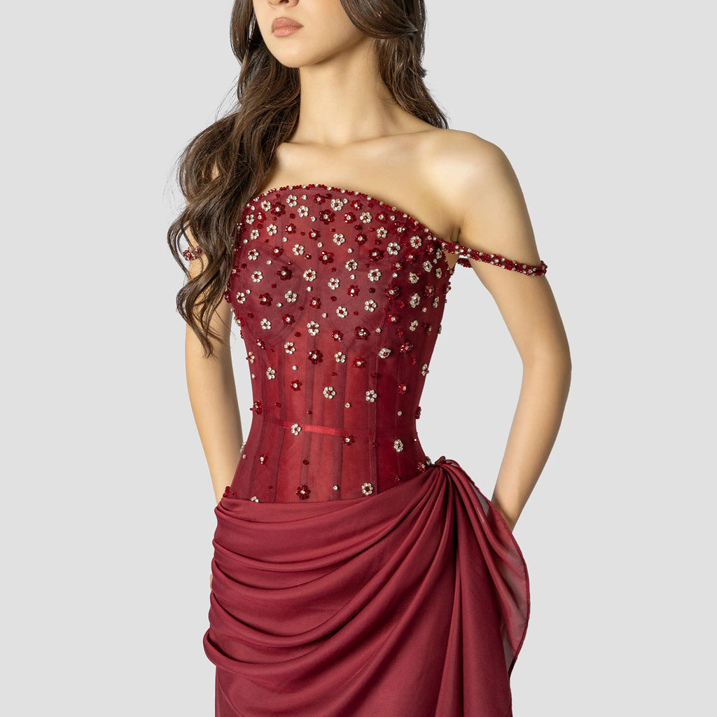 Glamorous Black Ruched Corset Beaded Mermaid Evening Dress SS248