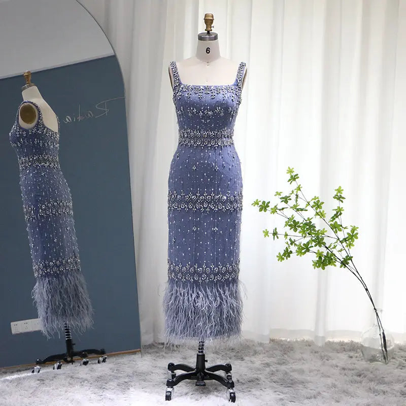 Luxury Gray Feather Straight Evening Dress with Cape Sleeves SS279