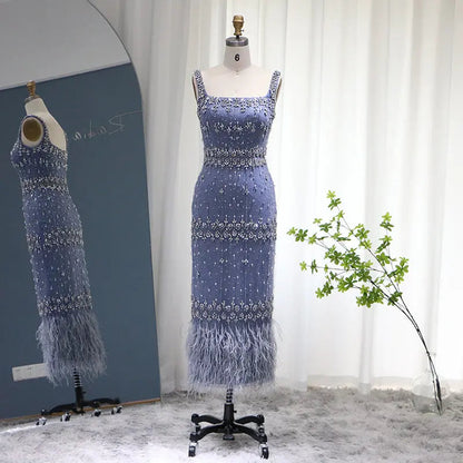 Luxury Gray Feather Straight Evening Dress with Cape Sleeves SS279