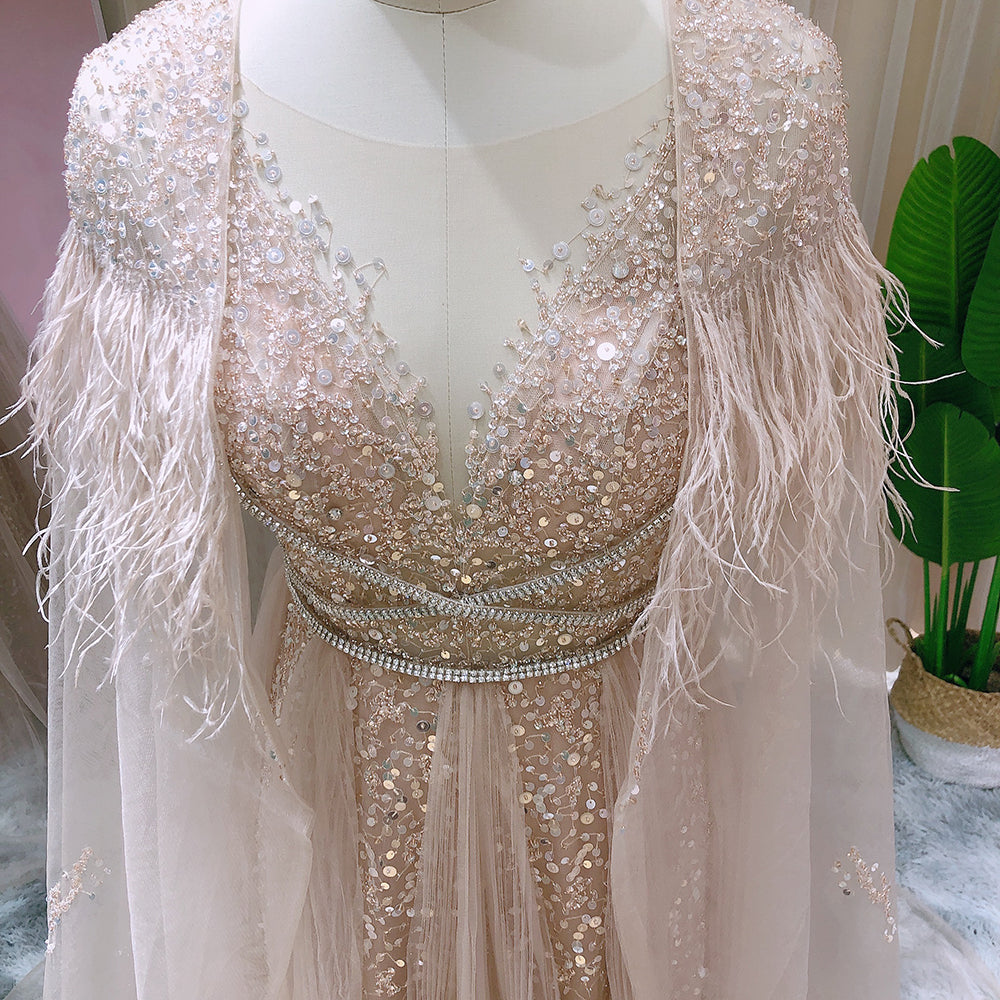 Luxury Beaded Silver Grey Evening Dresses with Feather Cape SS147