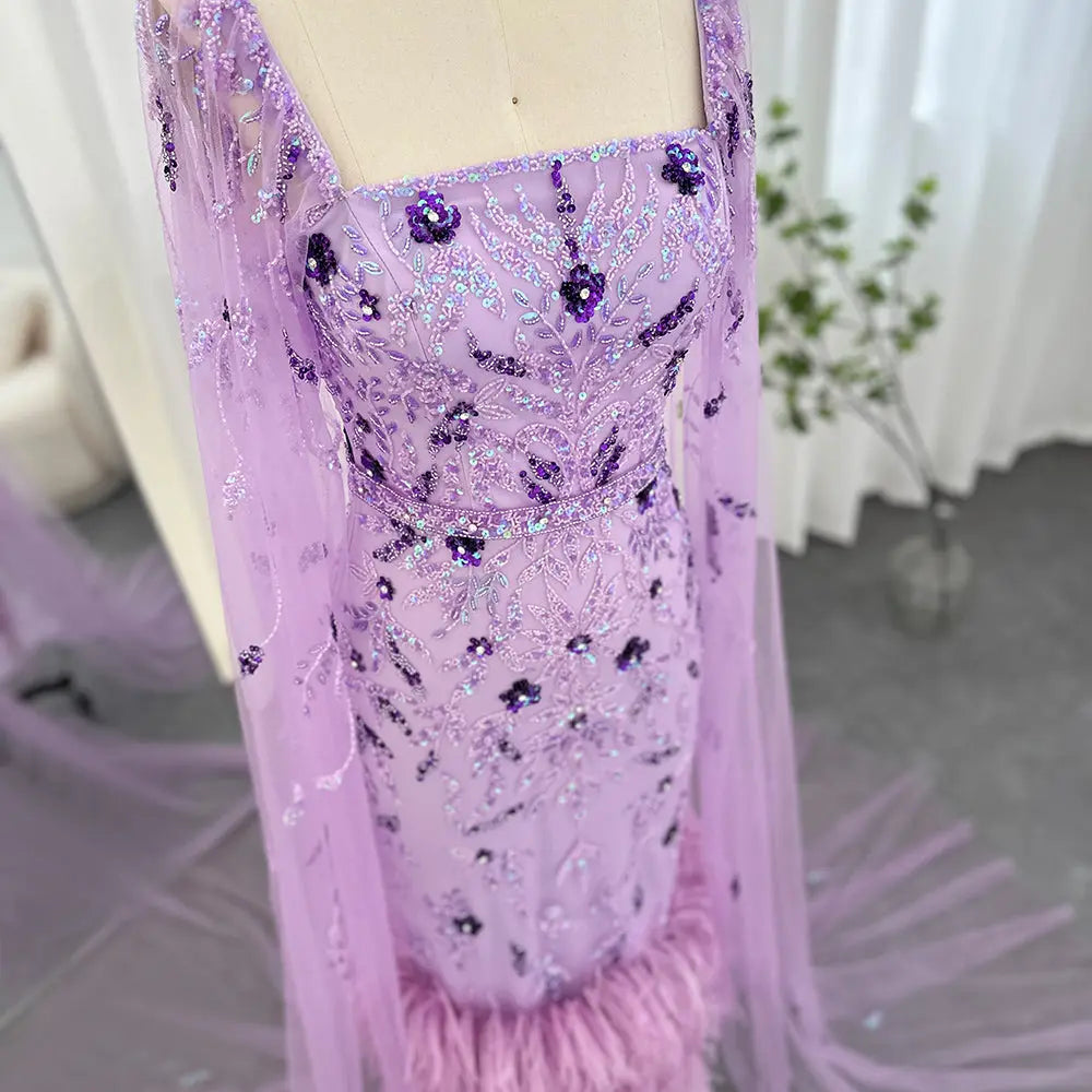 Luxury Feathers Lilac Evening Dress with Cape Sleeves SS381