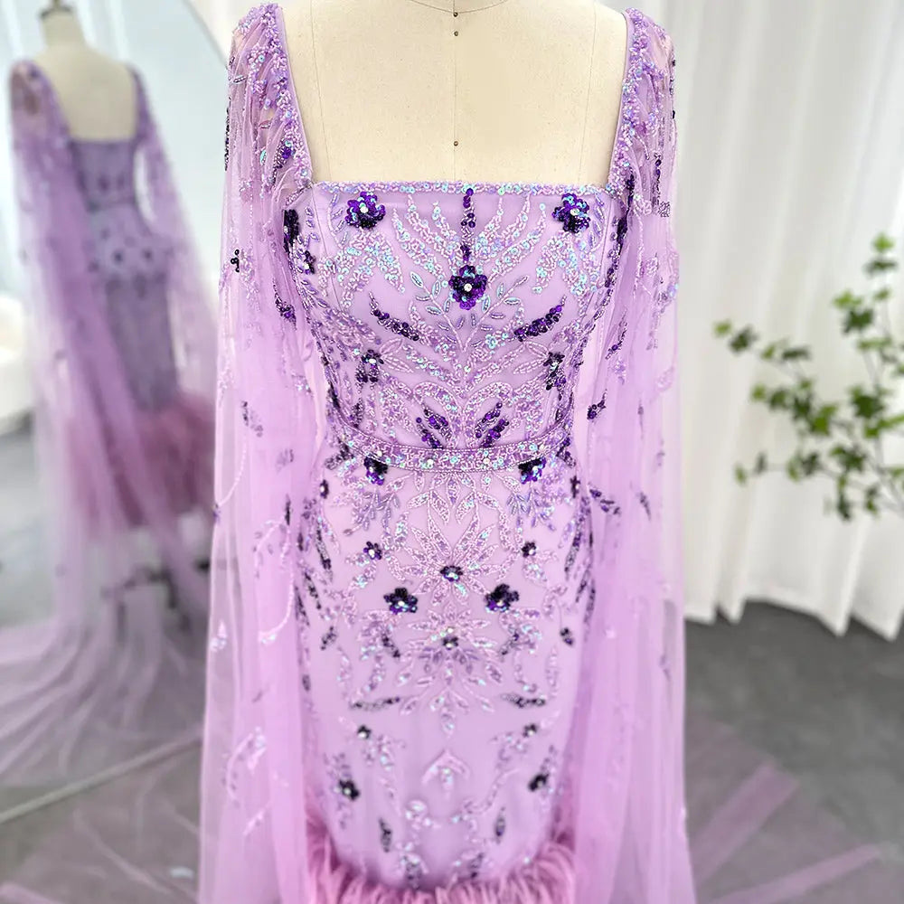 Luxury Feathers Lilac Evening Dress with Cape Sleeves SS381