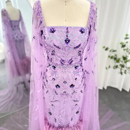 Luxury Feathers Lilac Evening Dress with Cape Sleeves SS381