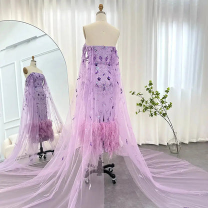 Luxury Feathers Lilac Evening Dress with Cape Sleeves SS381