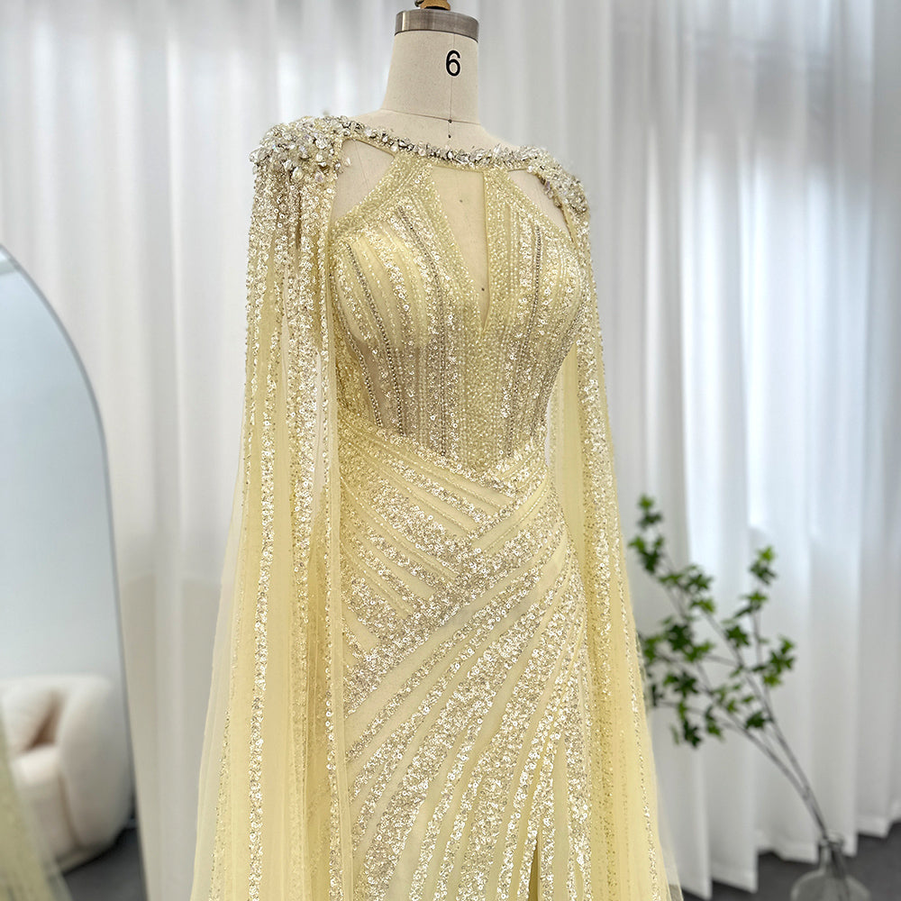 Luxury Crystal Lilac Evening Dress with Cape Sleeves SS203