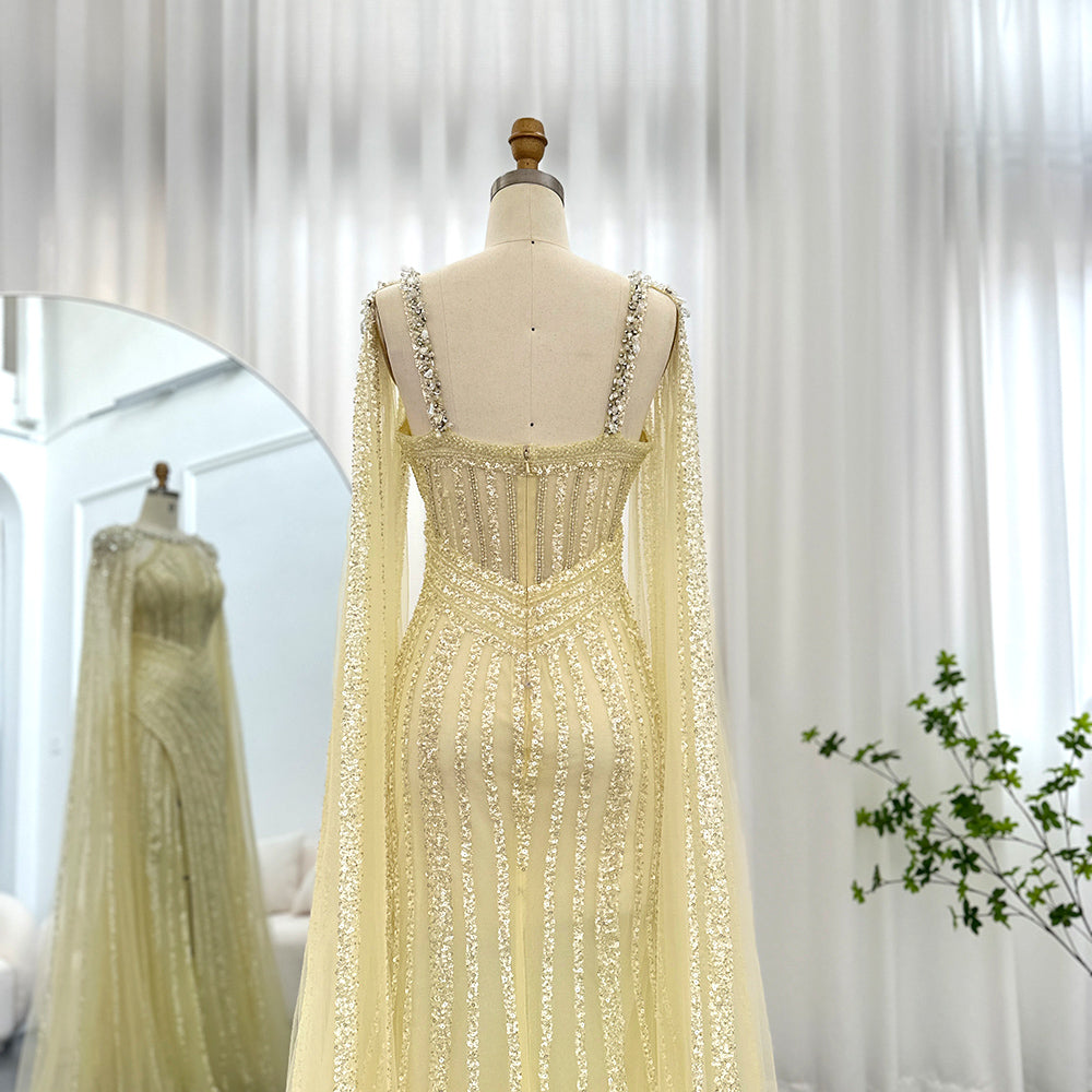 Luxury Crystal Lilac Evening Dress with Cape Sleeves SS203