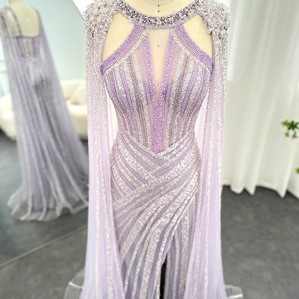 Luxury Crystal Lilac Evening Dress with Cape Sleeves SS203