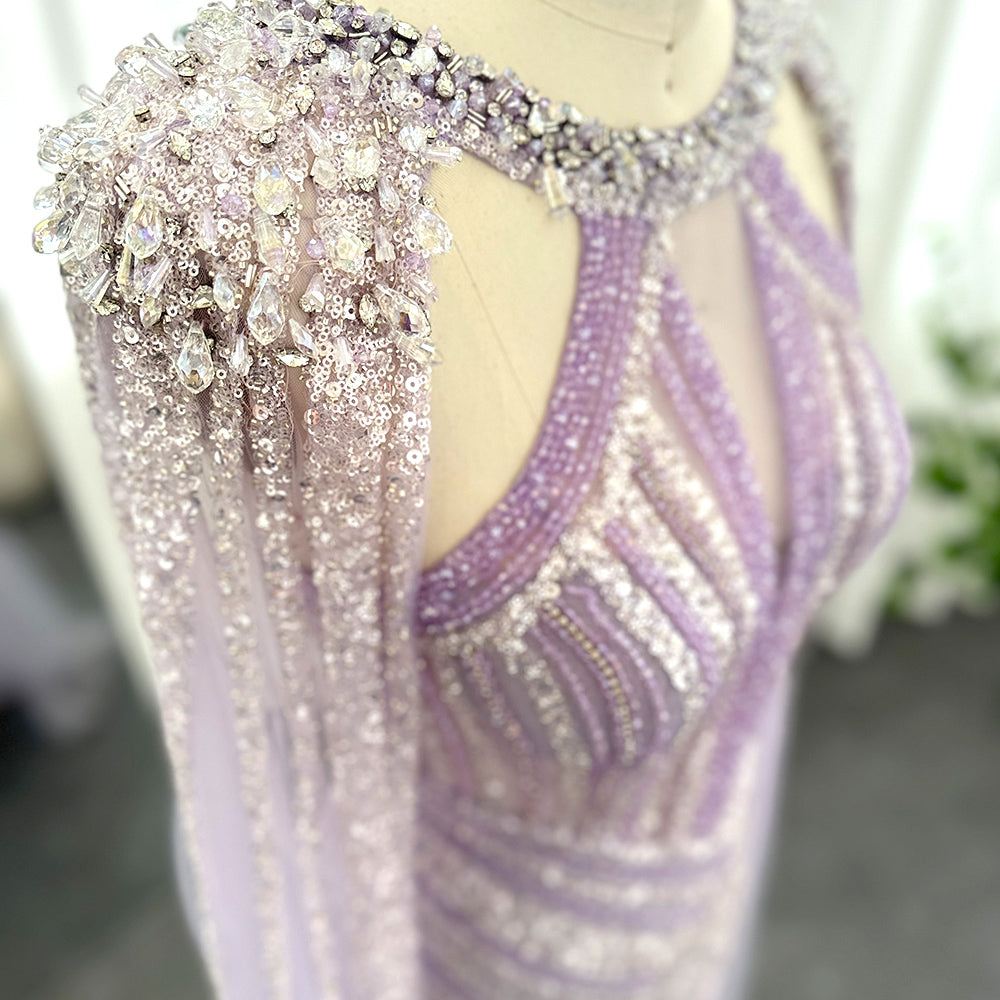 Luxury Crystal Lilac Evening Dress with Cape Sleeves SS203