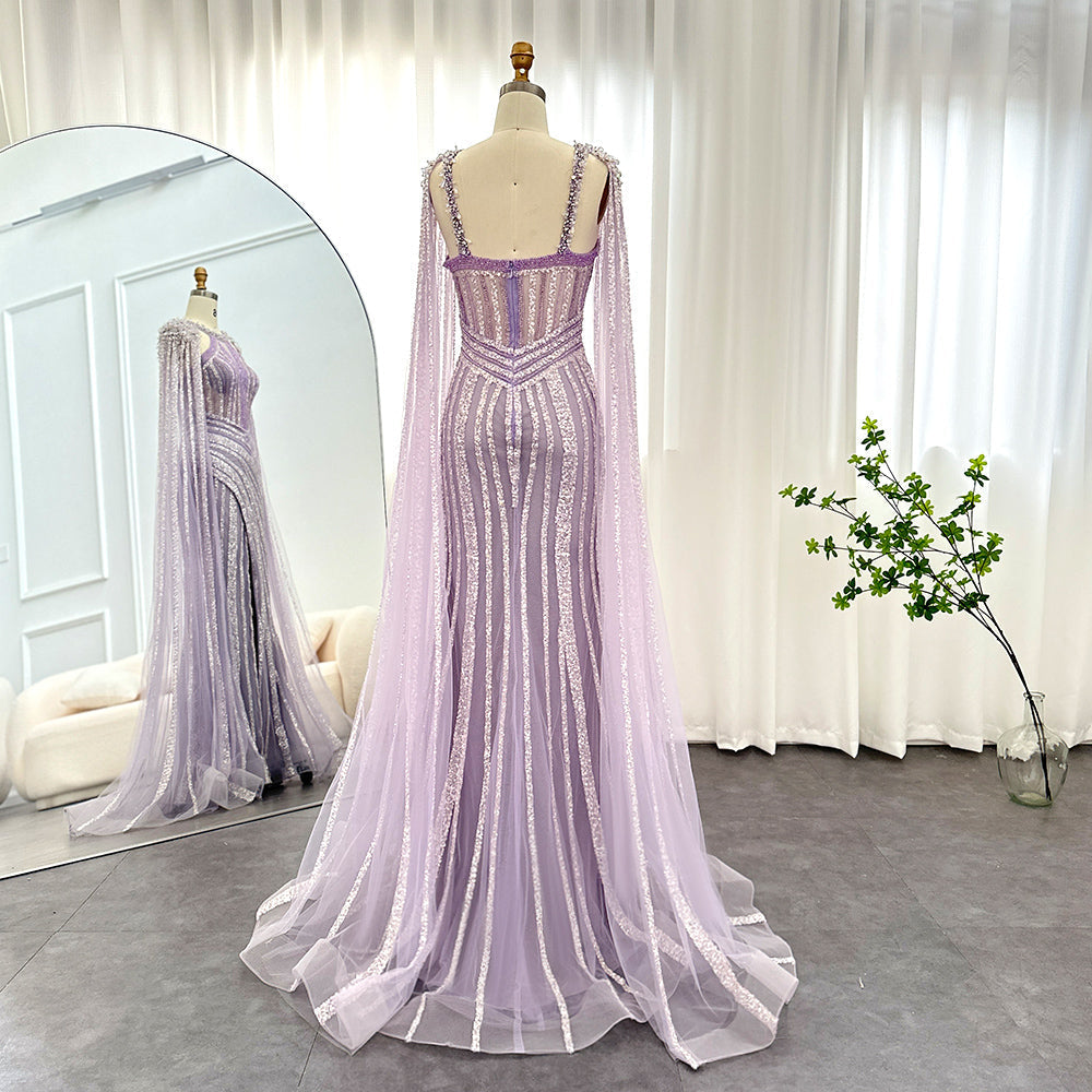 Luxury Crystal Lilac Evening Dress with Cape Sleeves SS203