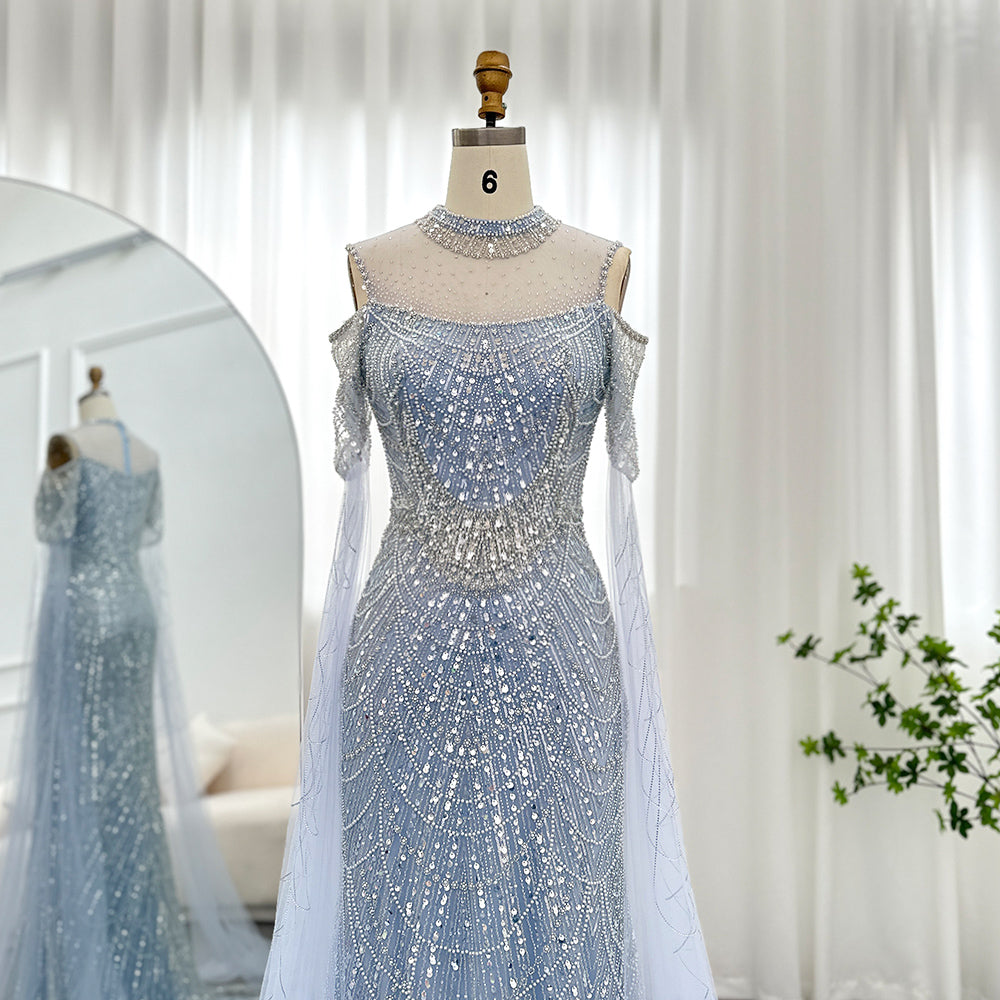 Elegant Sage Green Mermaid Evening Dress with Cape Sleeves SS205