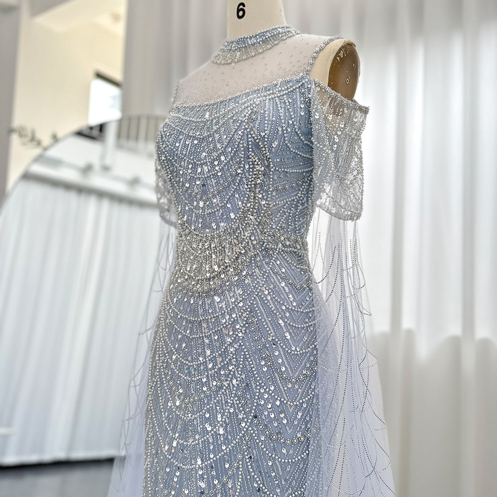 Elegant Sage Green Mermaid Evening Dress with Cape Sleeves SS205