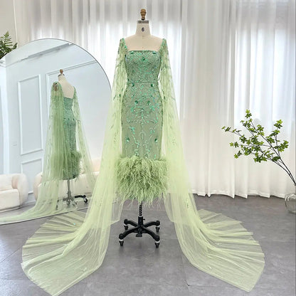 Luxury Feathers Lilac Evening Dress with Cape Sleeves SS381