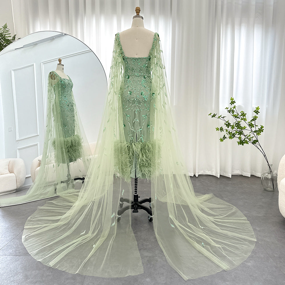 Luxury Feathers Lilac Evening Dress with Cape Sleeves SS381
