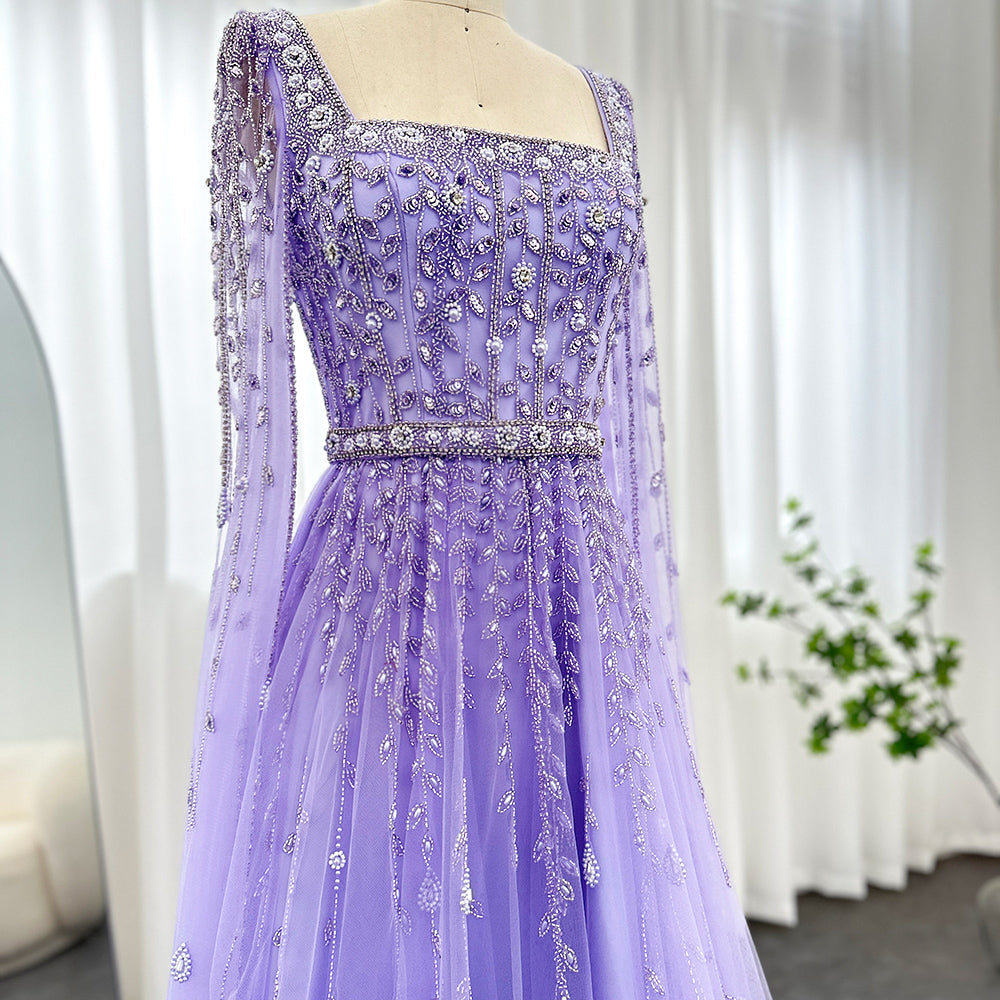 Luxury Beaded Pink Square Neck Cape Sleeves Evening Dress SS494