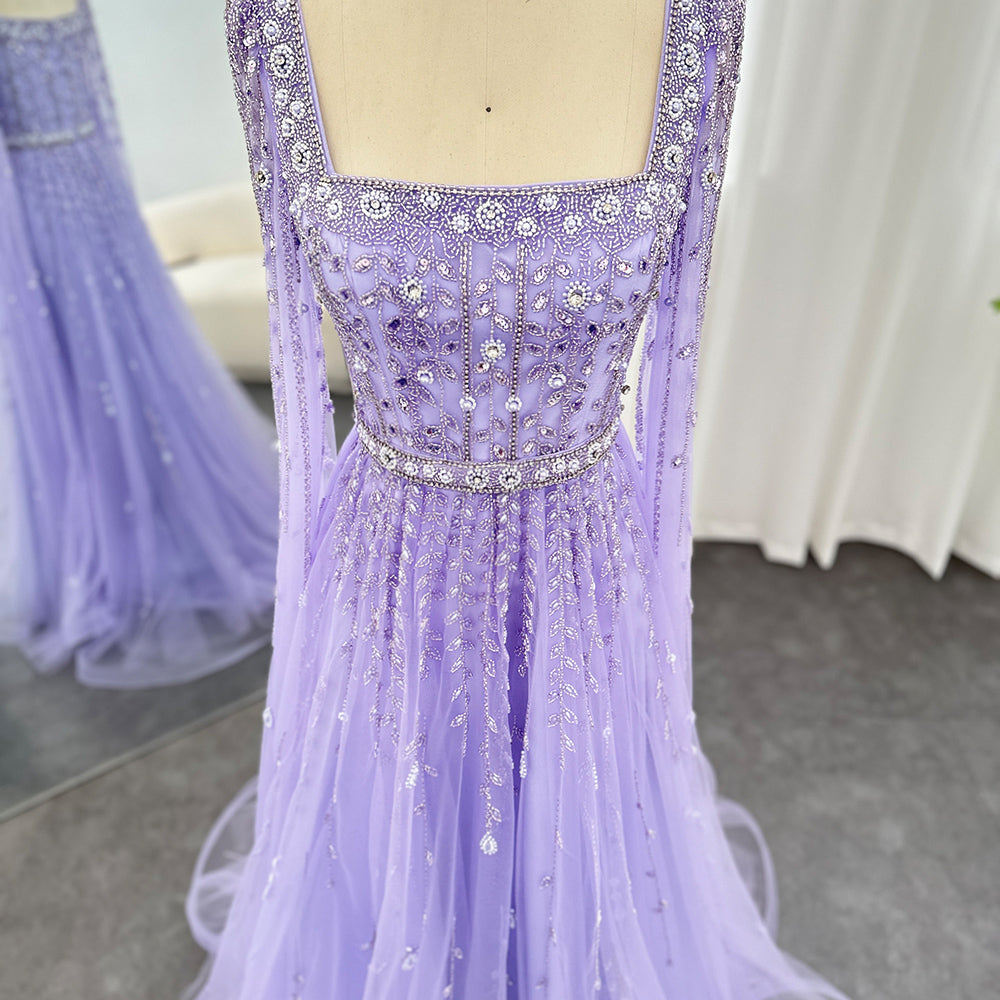 Luxury Beaded Pink Square Neck Cape Sleeves Evening Dress SS494