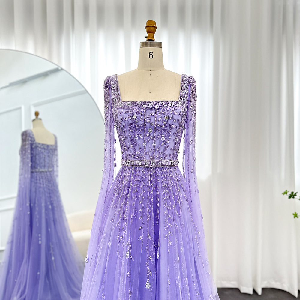 Luxury Beaded Pink Square Neck Cape Sleeves Evening Dress SS494