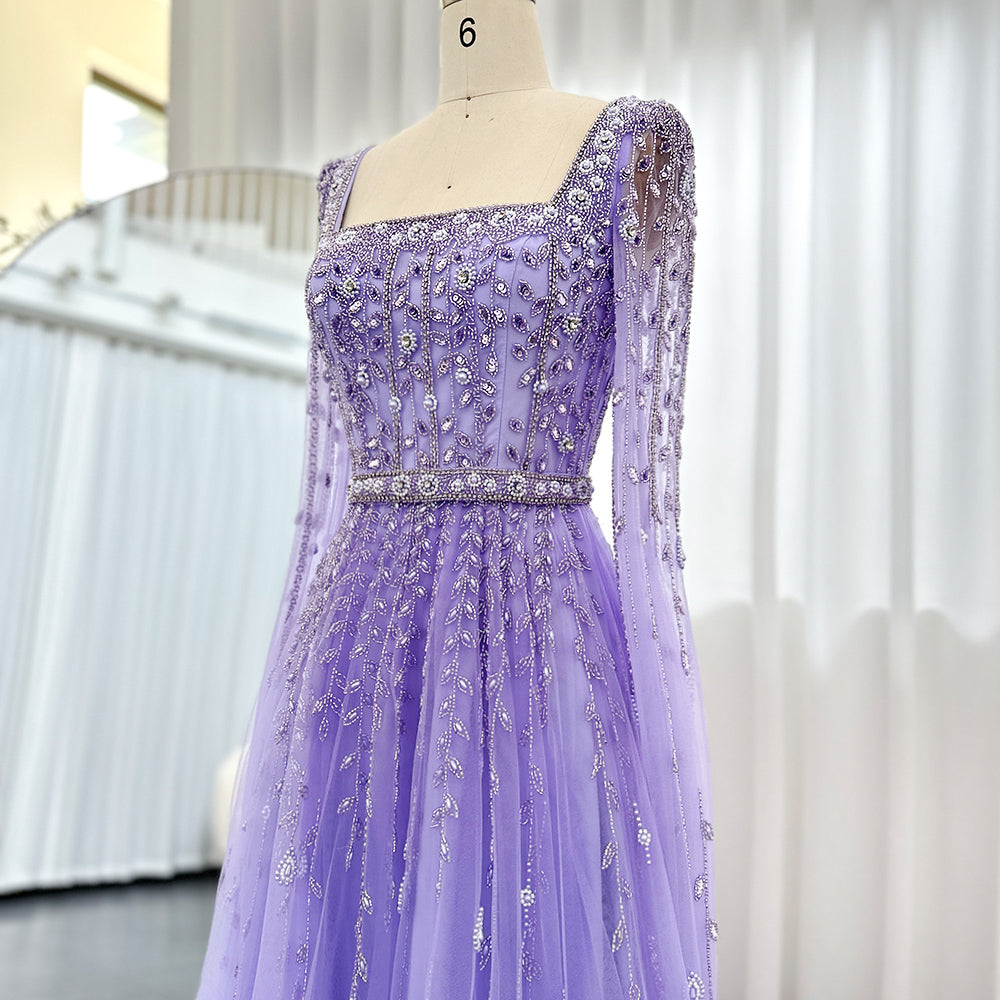 Luxury Beaded Pink Square Neck Cape Sleeves Evening Dress SS494