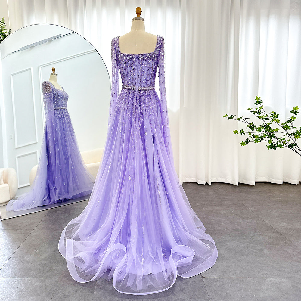 Luxury Beaded Pink Square Neck Cape Sleeves Evening Dress SS494