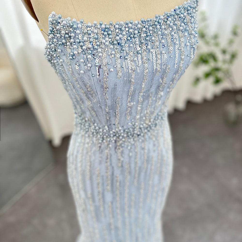Elegant Light Blue Pearls Strapless Evening Dresses SS395
