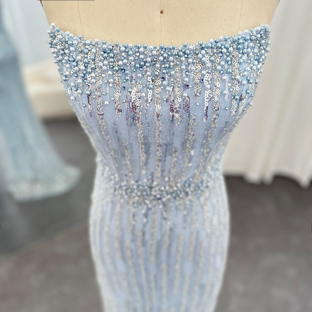 Elegant Light Blue Pearls Strapless Evening Dresses SS395