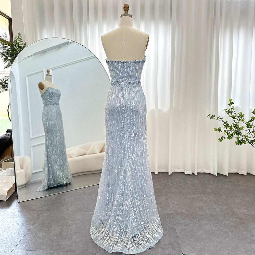 Elegant Light Blue Pearls Strapless Evening Dresses SS395