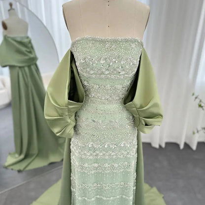 Luxury Sage Green Beaded Evening Dress with Cape SS238