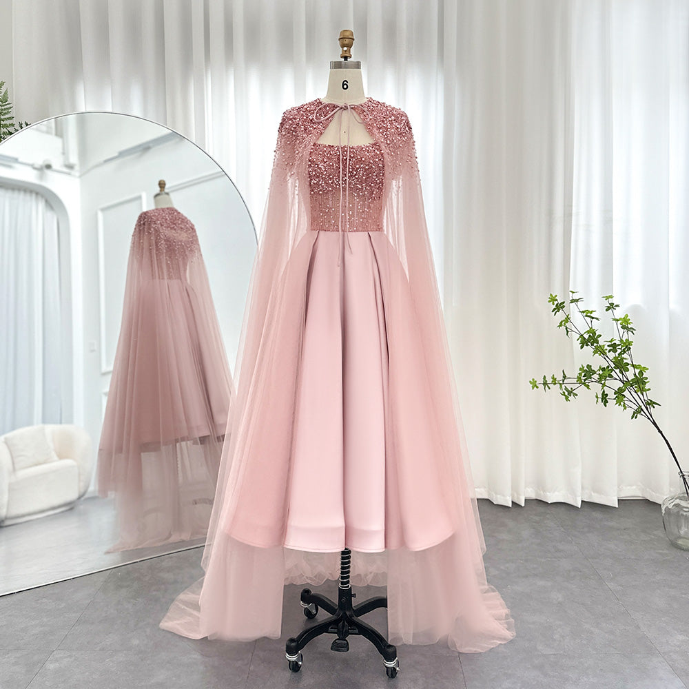 Luxury Beaded Blush Pink Midi Evening Dress with Cape SS392