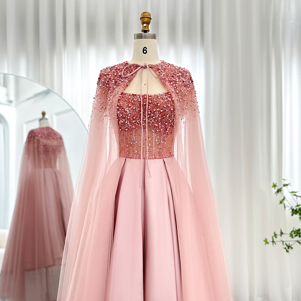 Luxury Beaded Blush Pink Midi Evening Dress with Cape SS392