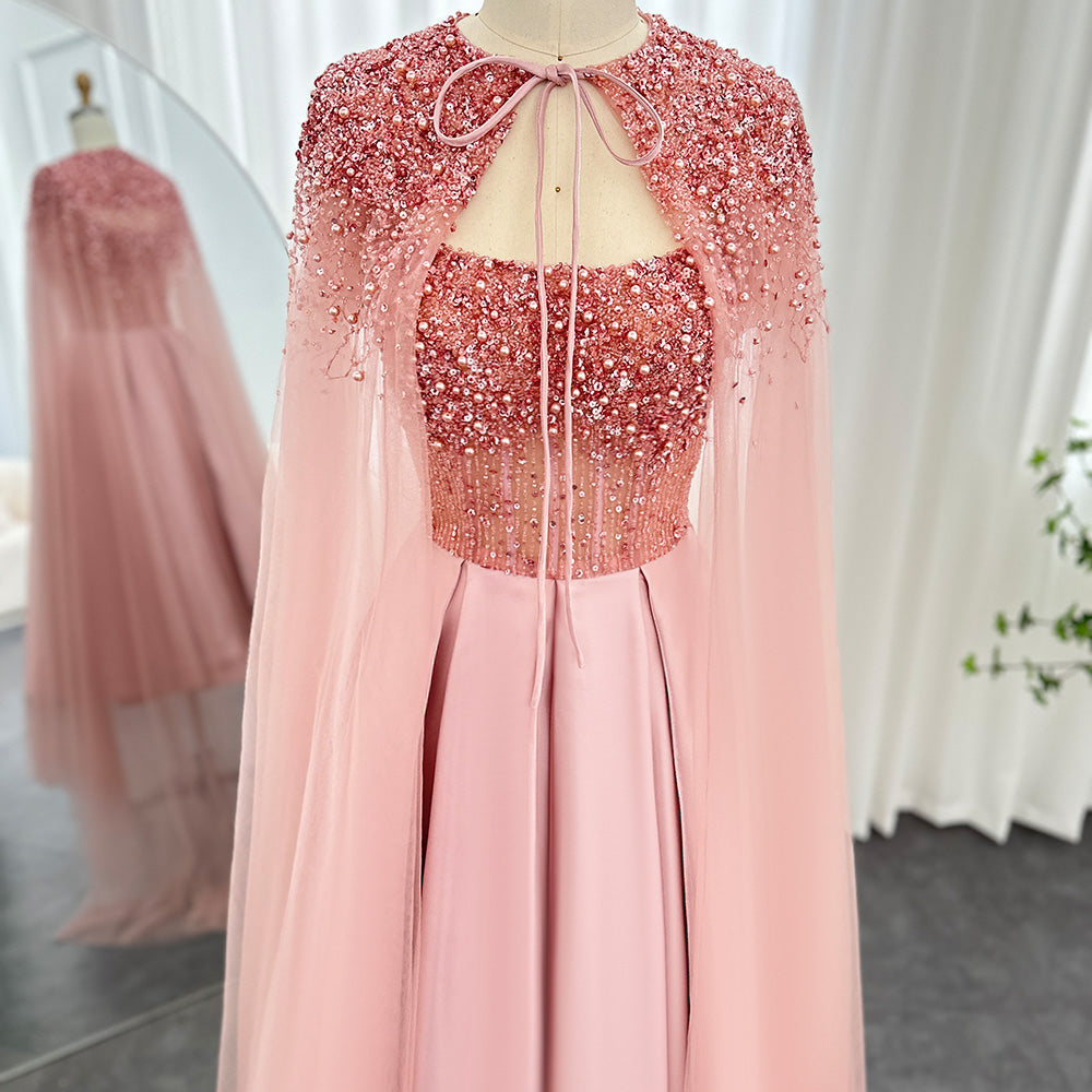 Luxury Beaded Blush Pink Midi Evening Dress with Cape SS392