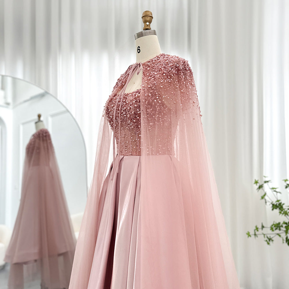 Luxury Beaded Blush Pink Midi Evening Dress with Cape SS392
