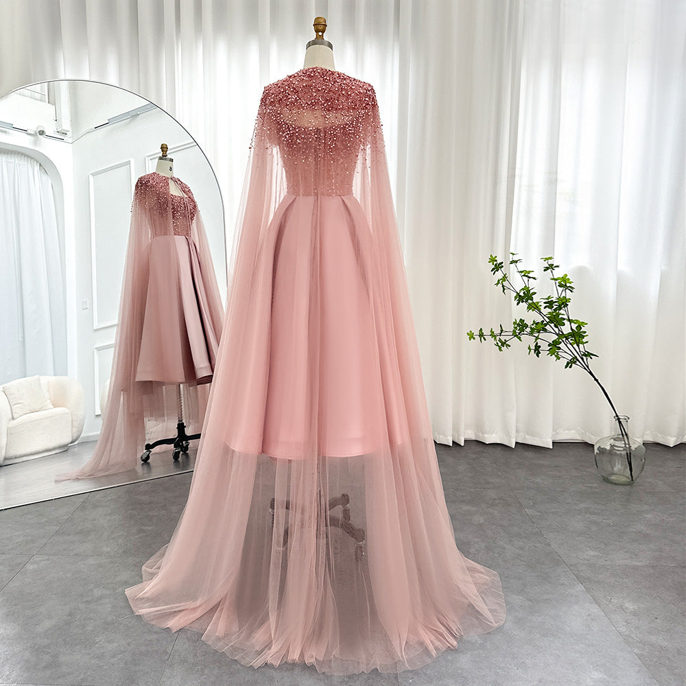 Luxury Beaded Blush Pink Midi Evening Dress with Cape SS392