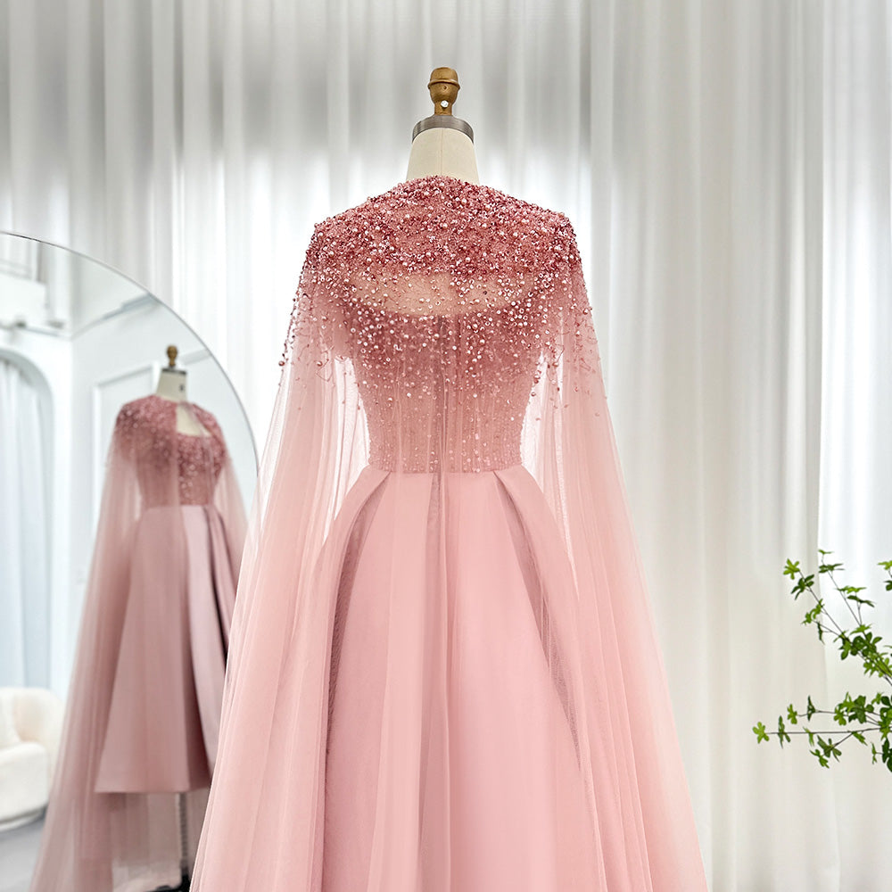 Luxury Beaded Blush Pink Midi Evening Dress with Cape SS392