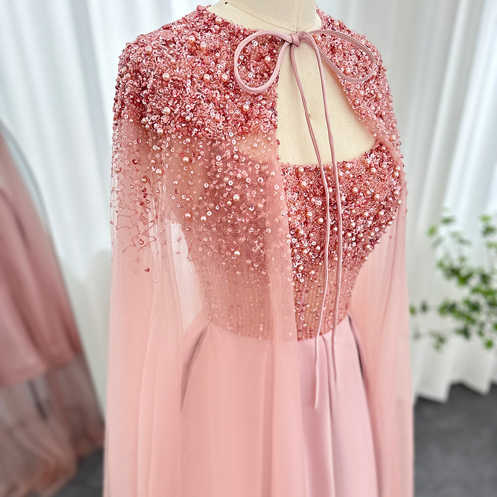 Luxury Beaded Blush Pink Midi Evening Dress with Cape SS392