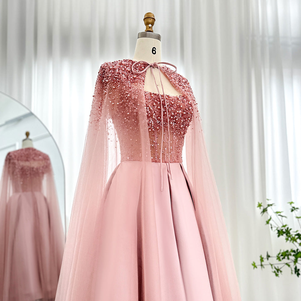 Luxury Beaded Blush Pink Midi Evening Dress with Cape SS392