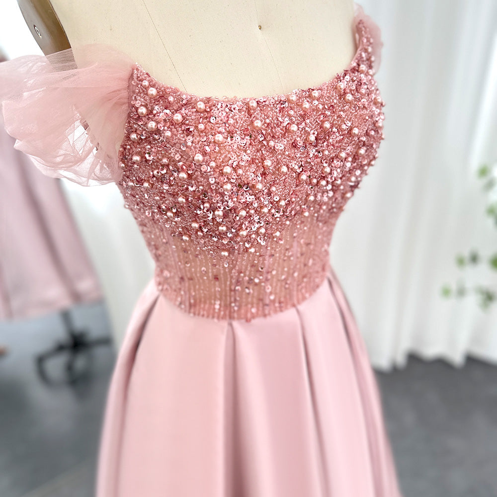 Luxury Beaded Blush Pink Midi Evening Dress with Cape SS392