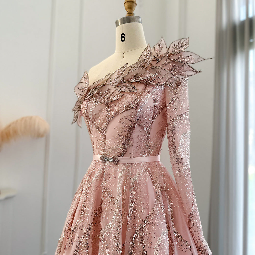 Luxury Beaded Gold One Shoulder Evening Dresses SS359