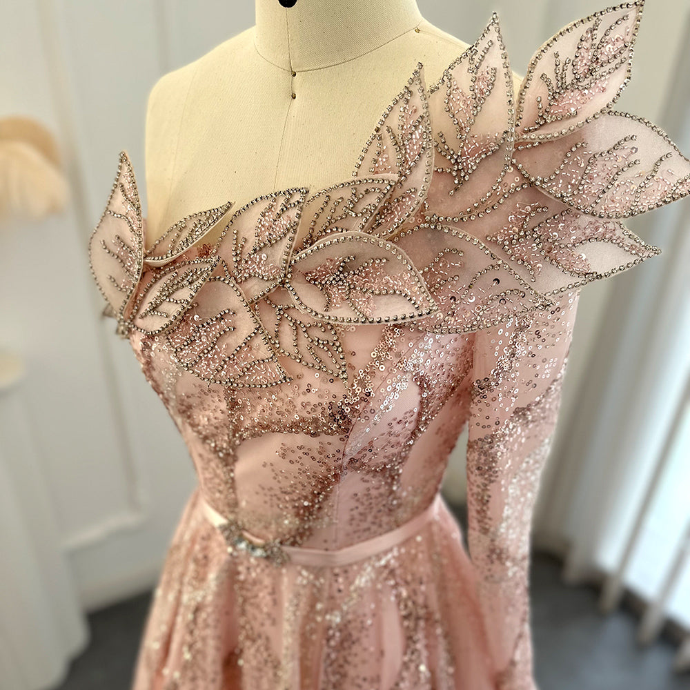 Luxury Beaded Gold One Shoulder Evening Dresses SS359