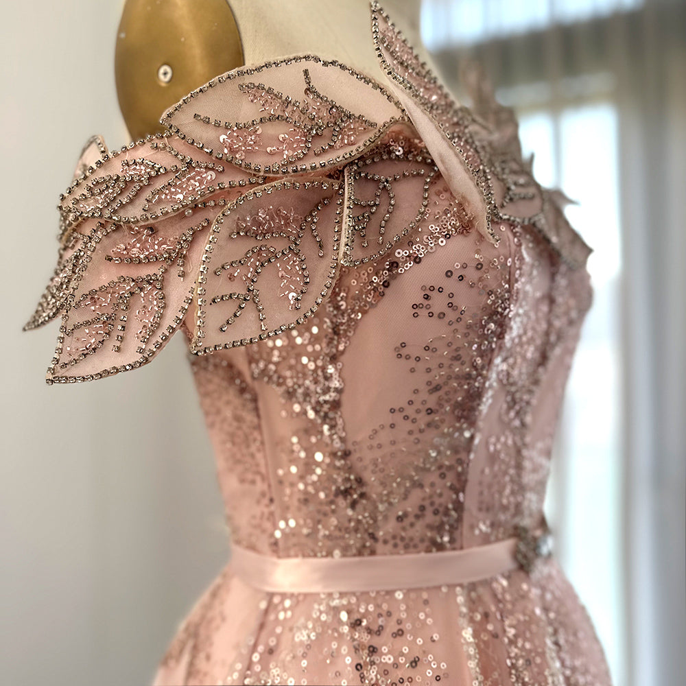 Luxury Beaded Gold One Shoulder Evening Dresses SS359