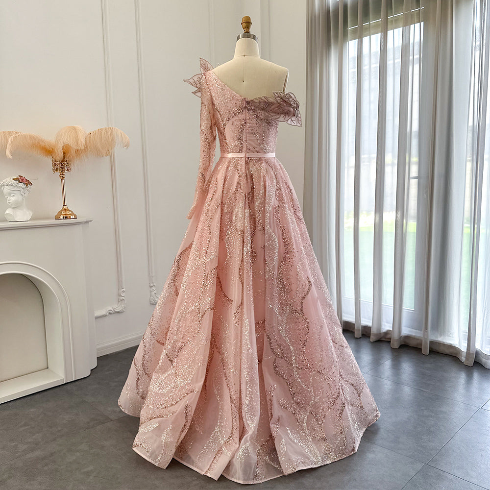 Luxury Beaded Gold One Shoulder Evening Dresses SS359