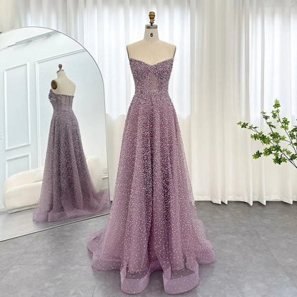 Luxury Crystal Purple Strapless Evening Dress SS699