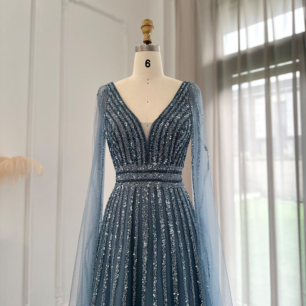 Luxury Beaded Nude Evening Dress with Cape Sleeves SS322