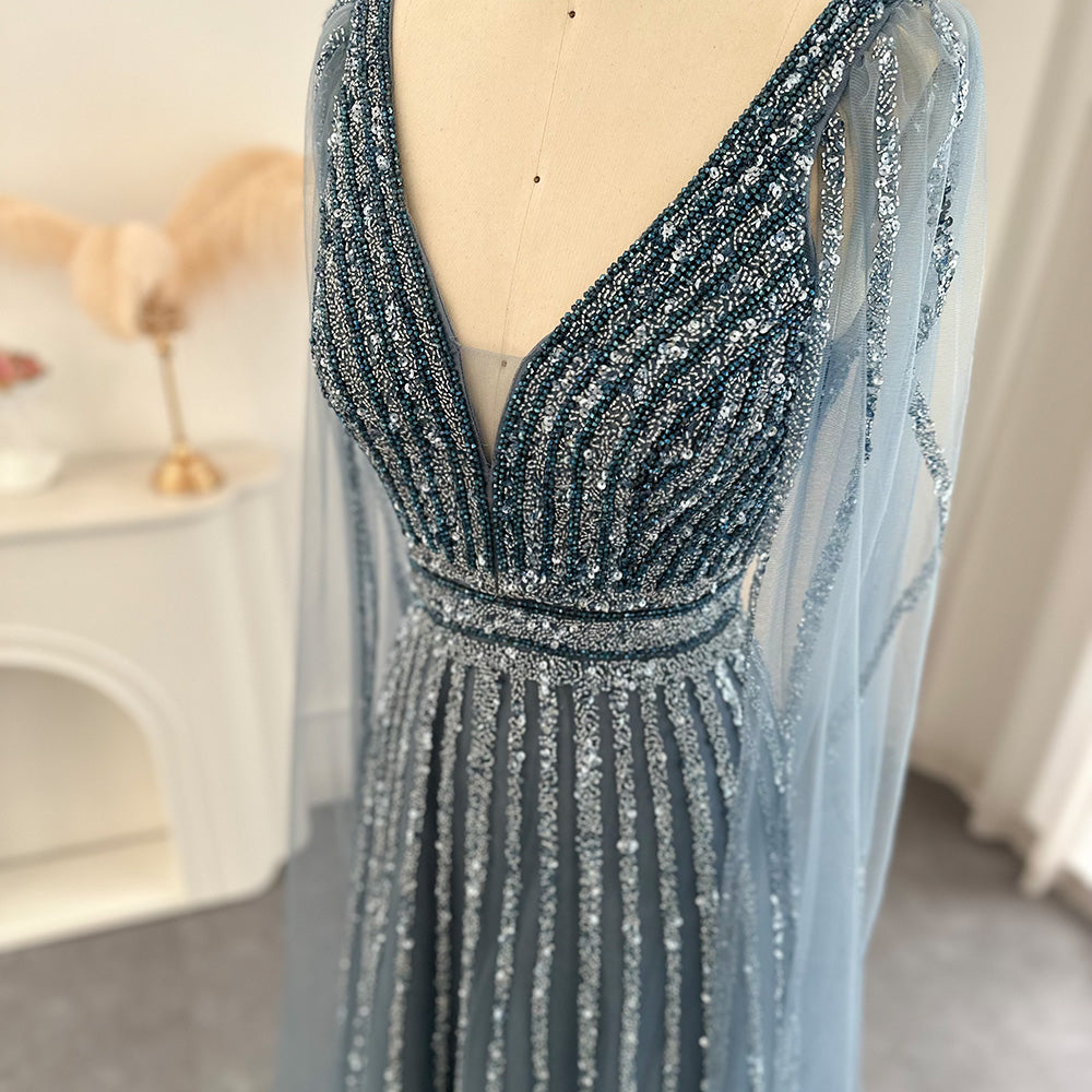 Luxury Beaded Nude Evening Dress with Cape Sleeves SS322