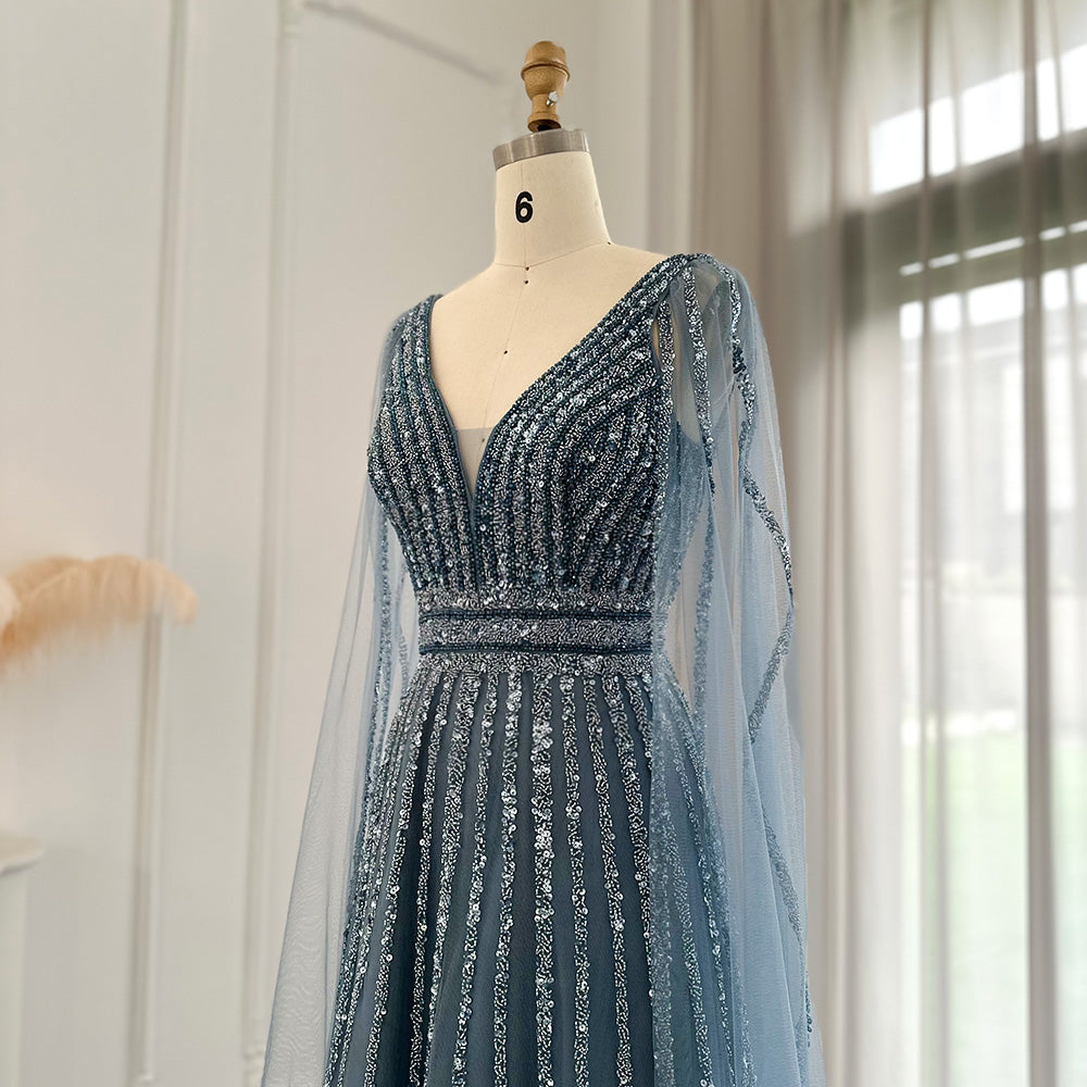 Luxury Beaded Nude Evening Dress with Cape Sleeves SS322