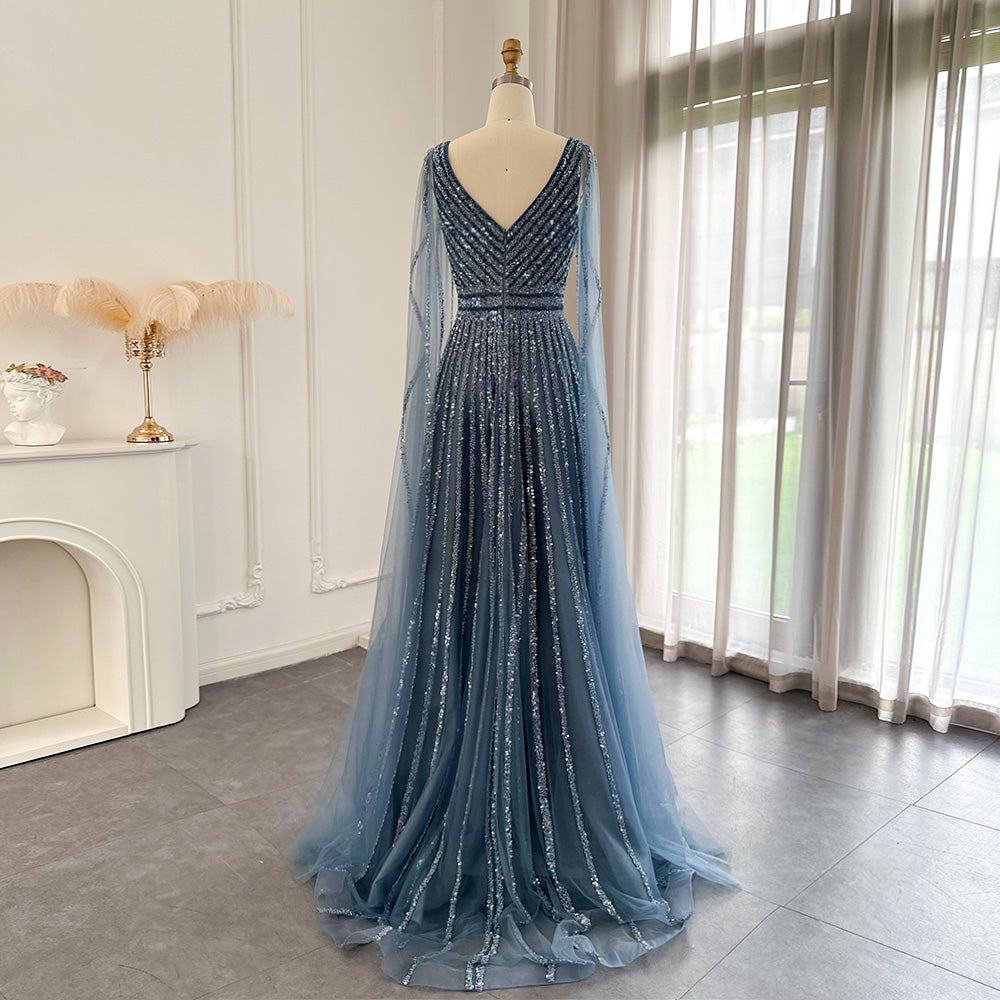 Luxury Beaded Nude Evening Dress with Cape Sleeves SS322