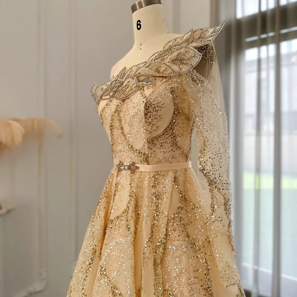 Luxury Ball Gown Gold One Shoulder Evening Dress SS359